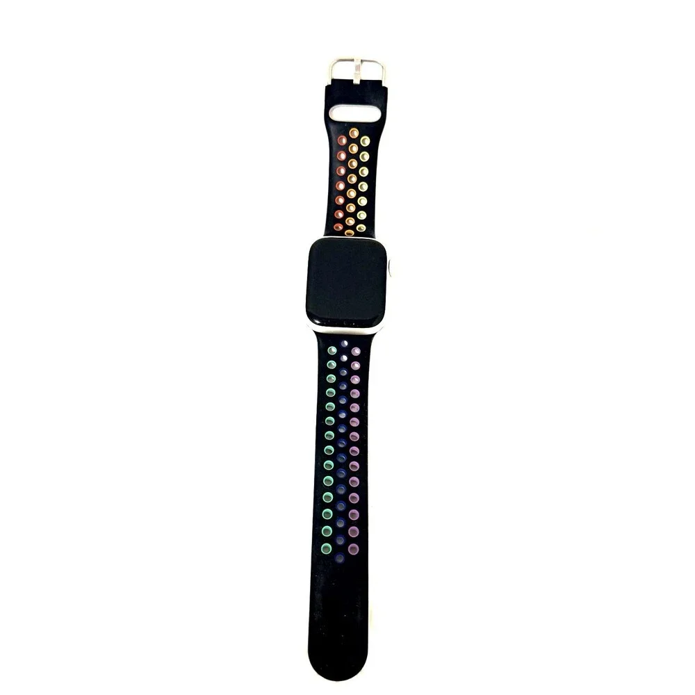 Apple Watch Series 7 45mm Silver Case with Black Rainbow Silicone Band